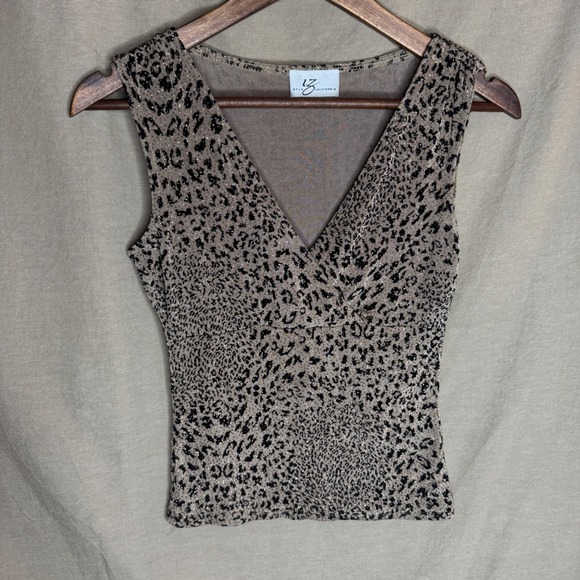 Byer California Tops - Y2K Leopard Print Metallic Gold Glitter V-Neck Tank Top Sleeveless Vintage